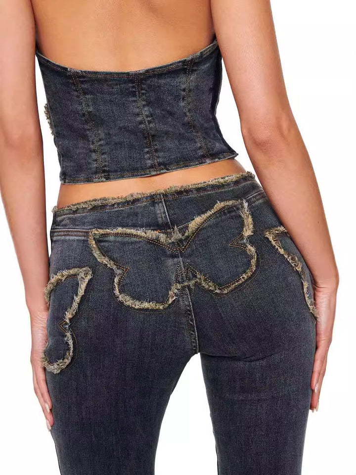 y2k-kawaii-fashion-Frayed Butterfly Flare Jeans-Pinky Dollz