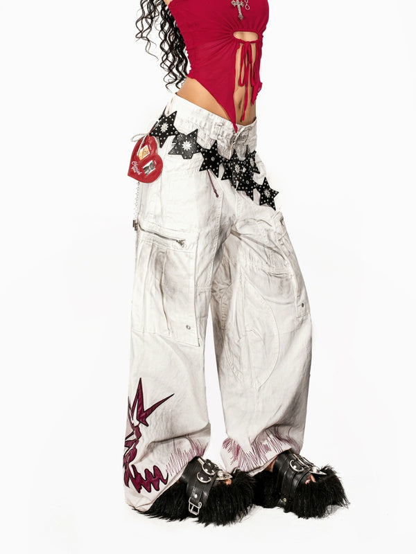 y2k-kawaii-fashion-White Graphic Wide-Leg Cargo Trousers-Pinky Dollz