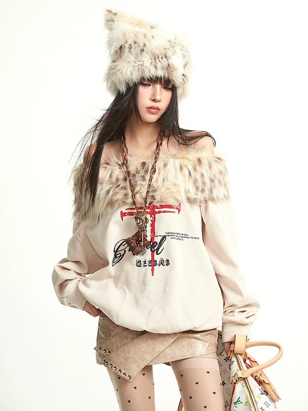 y2k-kawaii-fashion-Fur Off-Shoulder Graphic Top-Pinky Dollz