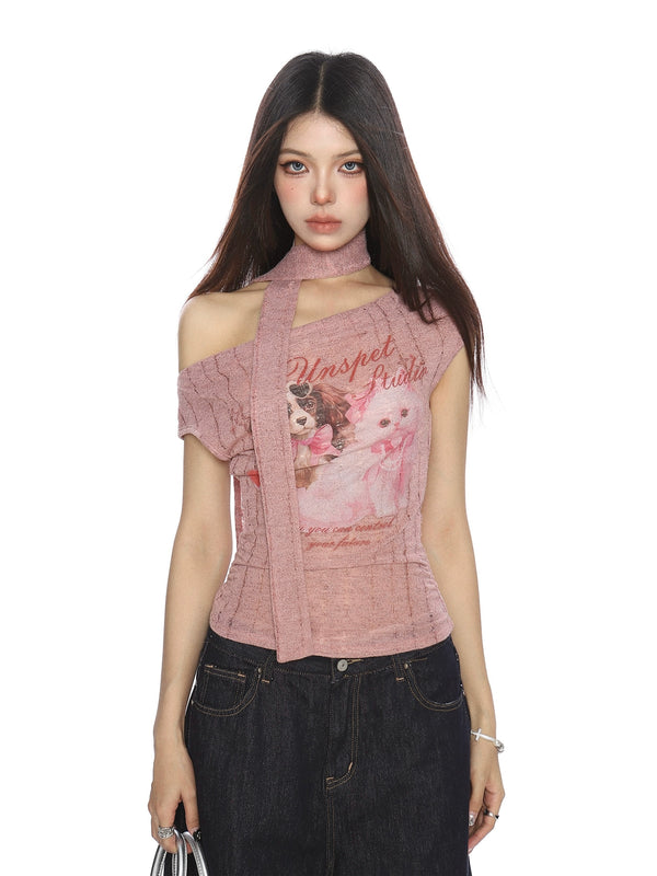 y2k-kawaii-fashion-Puppy Graphic Knit Top with Scarf-Pinky Dollz