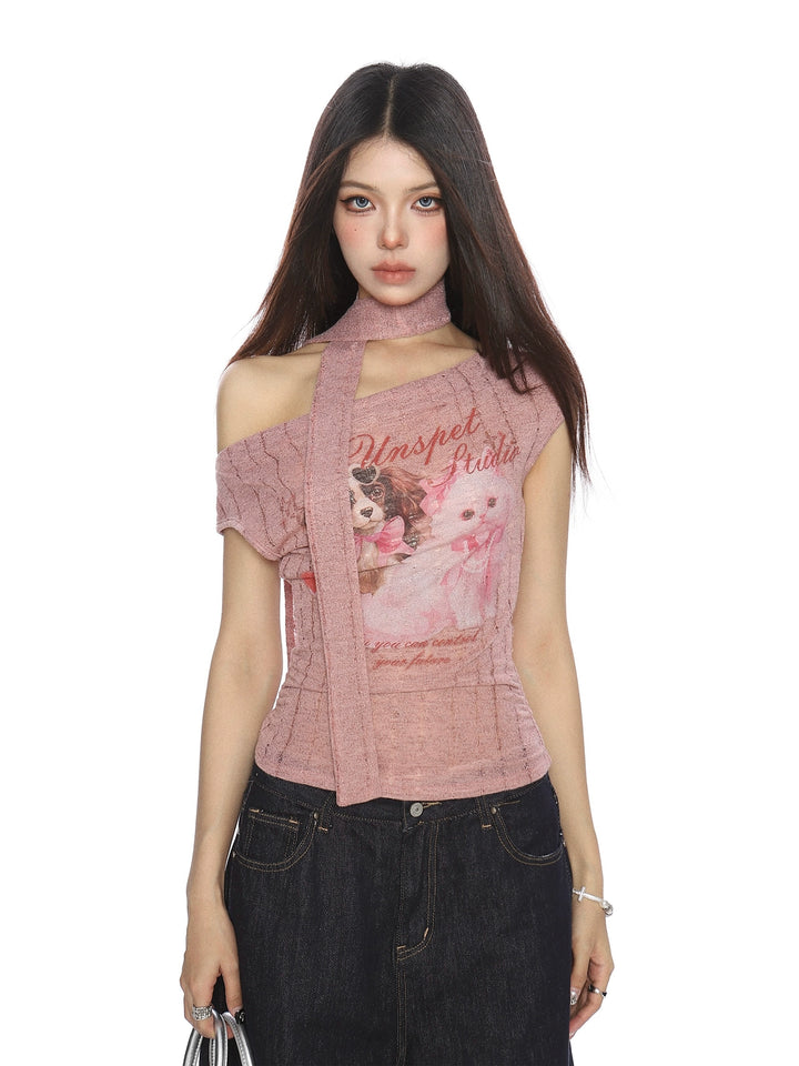 y2k-kawaii-fashion-Puppy Graphic Knit Top with Scarf-Pinky Dollz