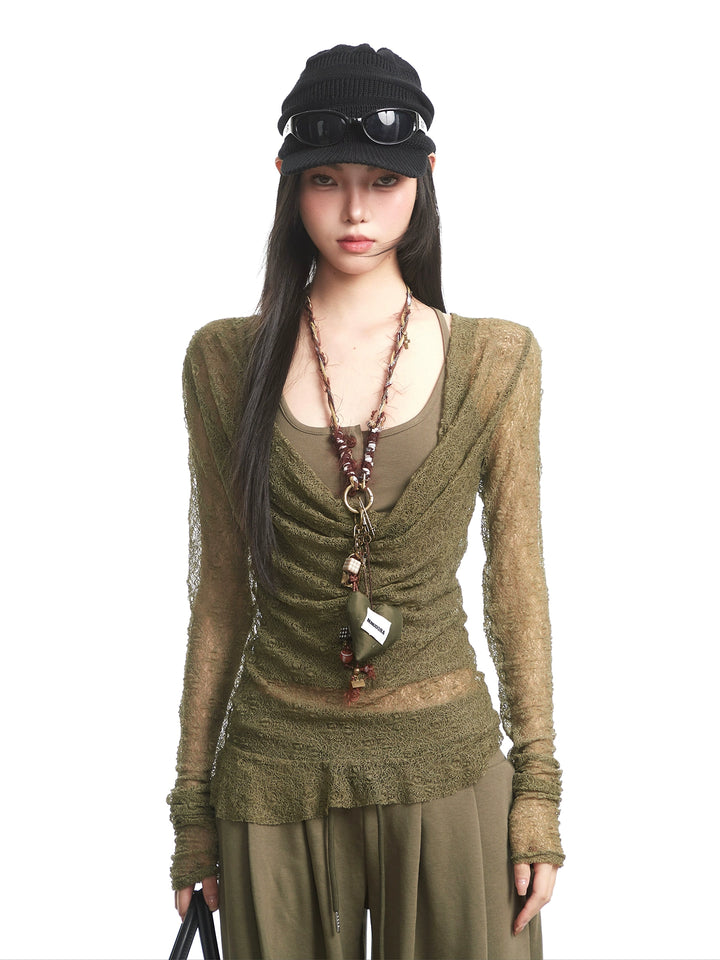 y2k-kawaii-fashion-Olive Sheer Lace Ruched Top-Pinky Dollz