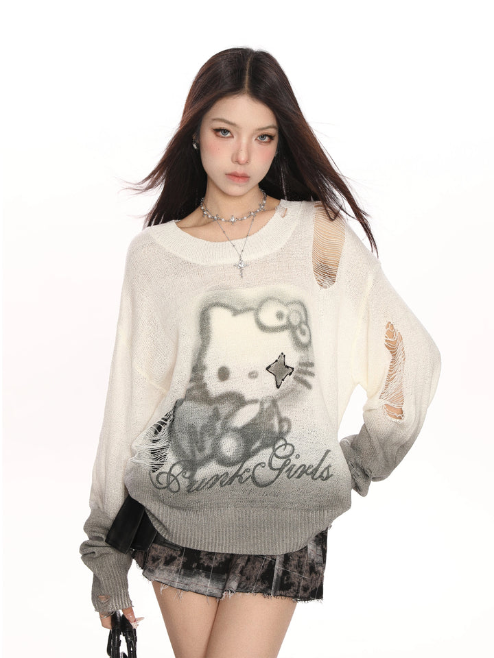 y2k-kawaii-fashion-Hello Kitty Punk Girls Distressed Knit Sweater-Pinky Dollz