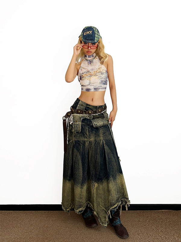 y2k-kawaii-fashion-Distressed Denim Maxi Skirt-Pinky Dollz