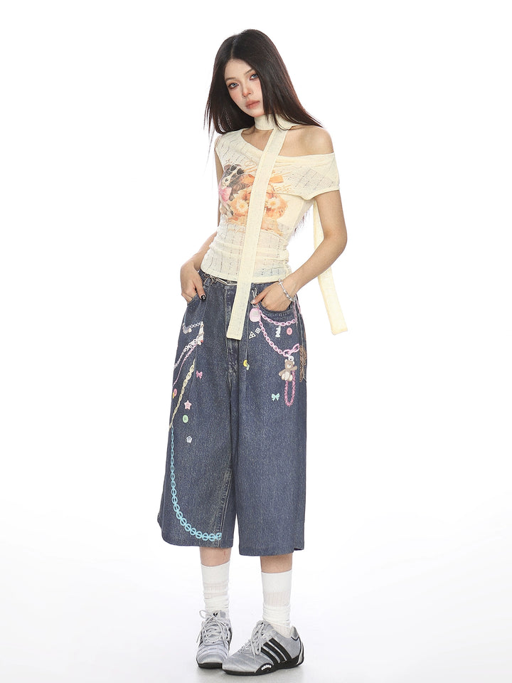 y2k-kawaii-fashion-Puppy Graphic Knit Top with Scarf-Pinky Dollz