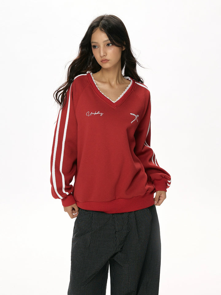 y2k-kawaii-fashion-Lace-Trim Striped V-Neck Long Sleeve Top-Pinky Dollz