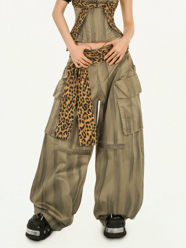 y2k-kawaii-fashion-Khaki Wide-Leg Cargo Trousers-Pinky Dollz