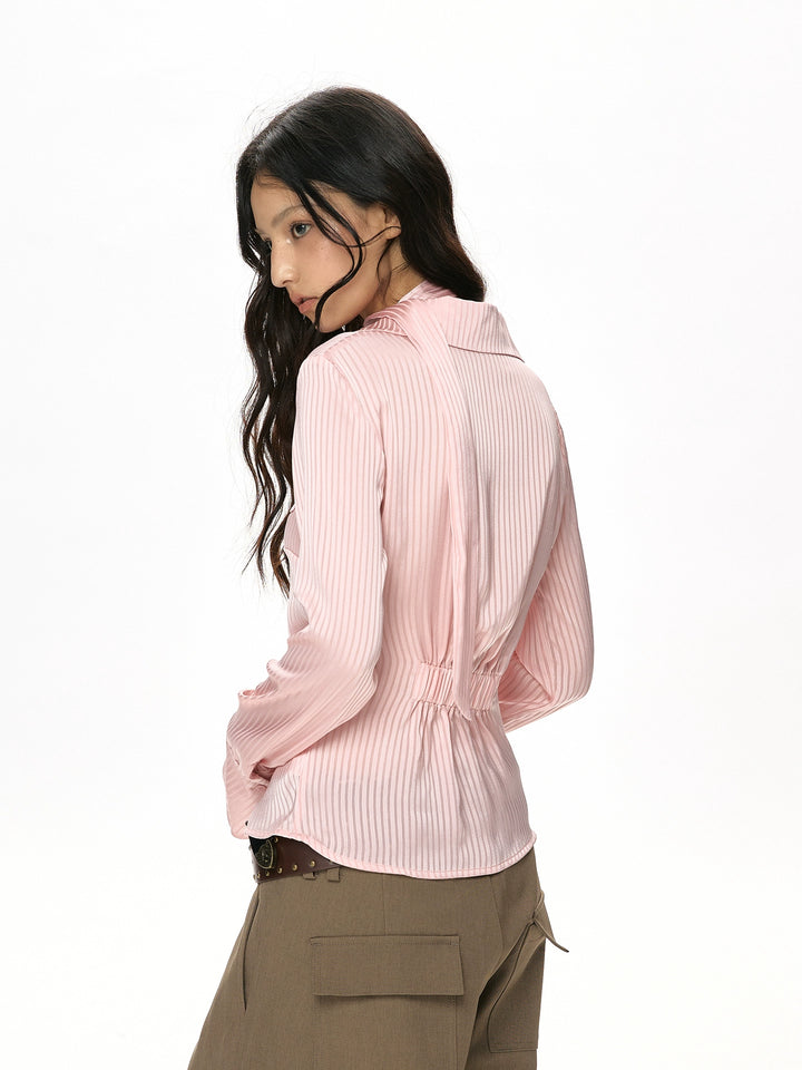 y2k-kawaii-fashion-Pink Satin Striped Ribbon Shirt-Pinky Dollz