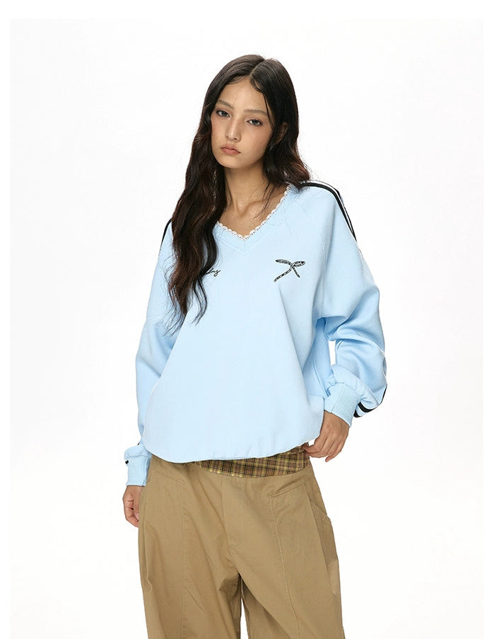 y2k-kawaii-fashion-Lace-Trim Striped V-Neck Long Sleeve Top-Pinky Dollz