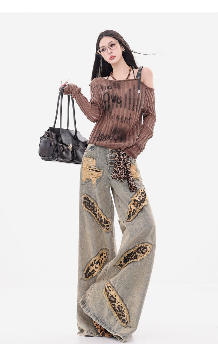 y2k-kawaii-fashion-Leopard Patchwork Wide-Leg Jeans-Pinky Dollz