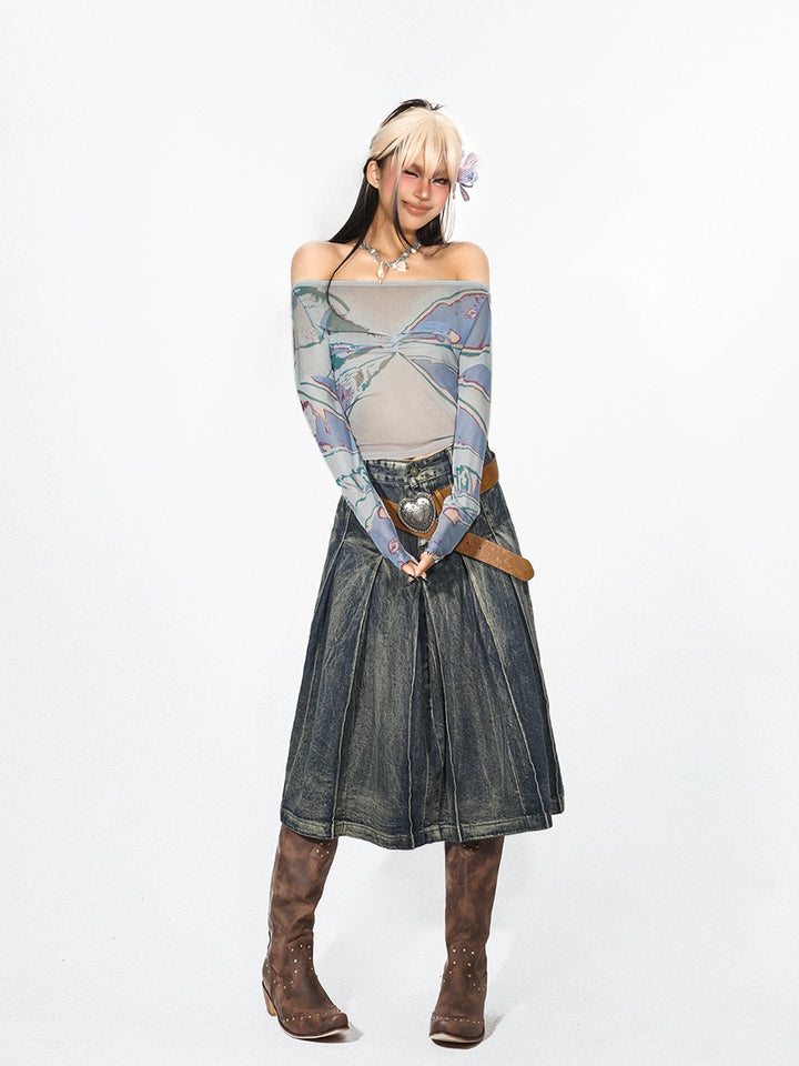 y2k-kawaii-fashion-Vintage Pleated Denim Midi Skirt-Pinky Dollz