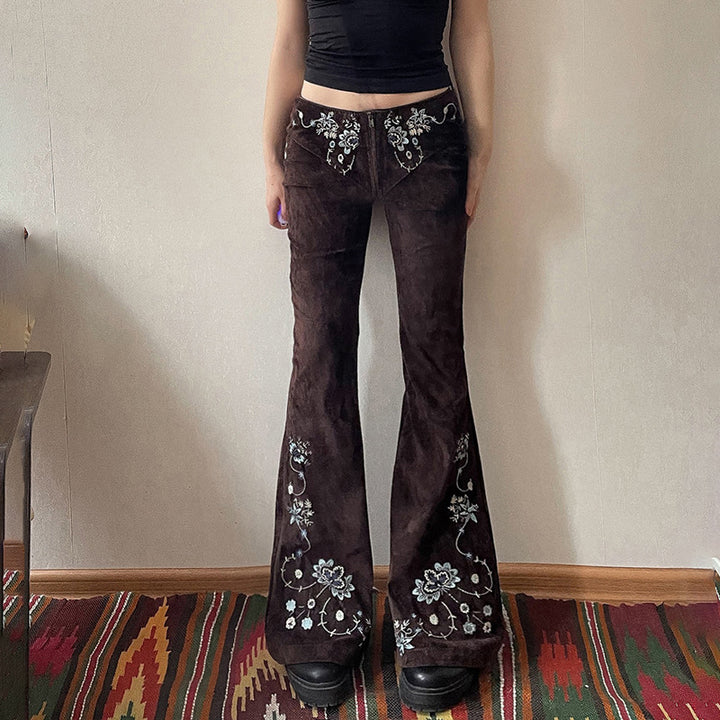 y2k-kawaii-fashion-Boho Embroidered Black Flare Jeans-Pinky Dollz