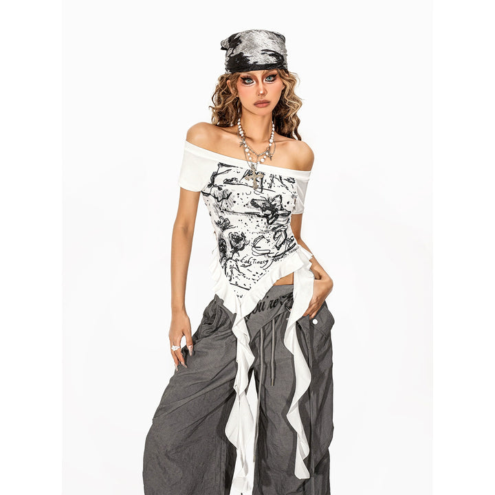 y2k-kawaii-fashion-White Off-Shoulder Graphic Top-Pinky Dollz