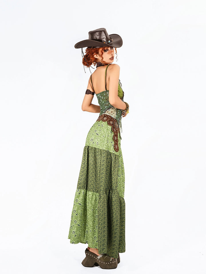 y2k-kawaii-fashion-Green Patchwork Maxi Dress-Pinky Dollz