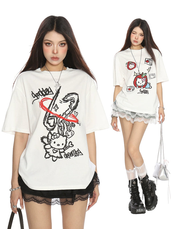 y2k-kawaii-fashion-Retro Hello Kitty Graphic Tee-Pinky Dollz