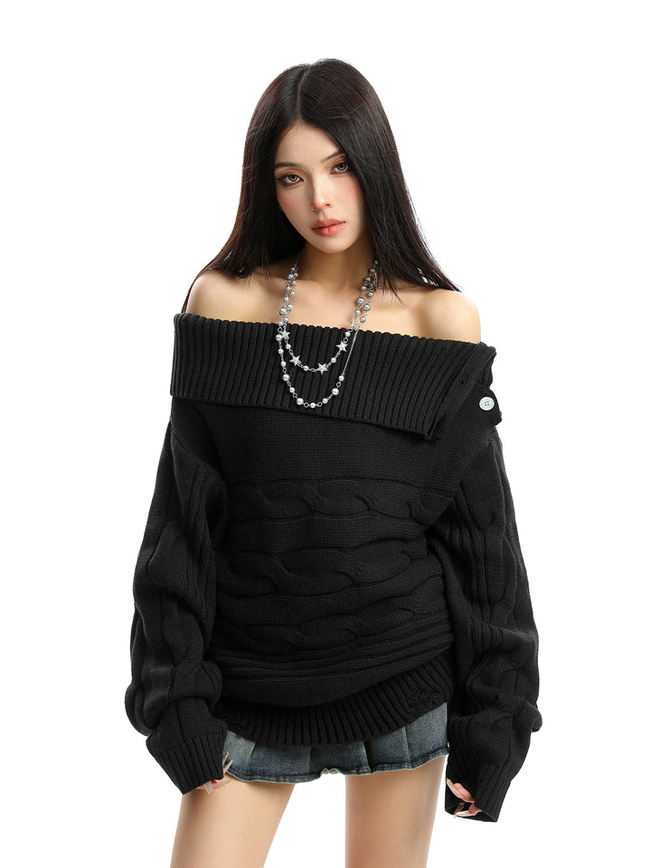 y2k-kawaii-fashion-Off-Shoulder Knit Sweater-Pinky Dollz