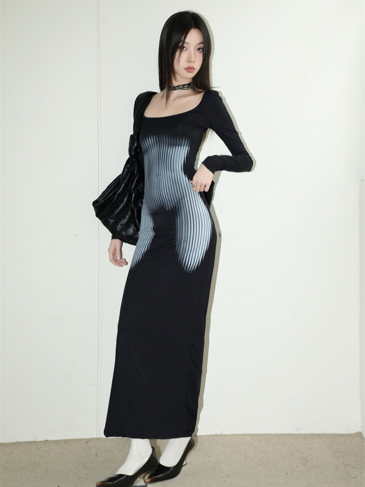 y2k-kawaii-fashion-Long Sleeve Silhouette Maxi Dress-Pinky Dollz