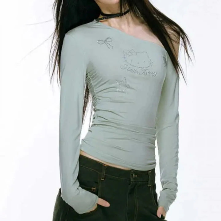 y2k-kawaii-fashion-Hello Kitty Off Shoulder Long Sleeve Top-Pinky Dollz