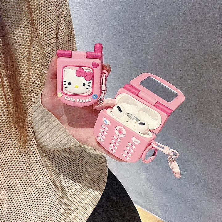 y2k-kawaii-fashion-3D Flip Phone Hello Kitty Airpod Case-Pinky Dollz