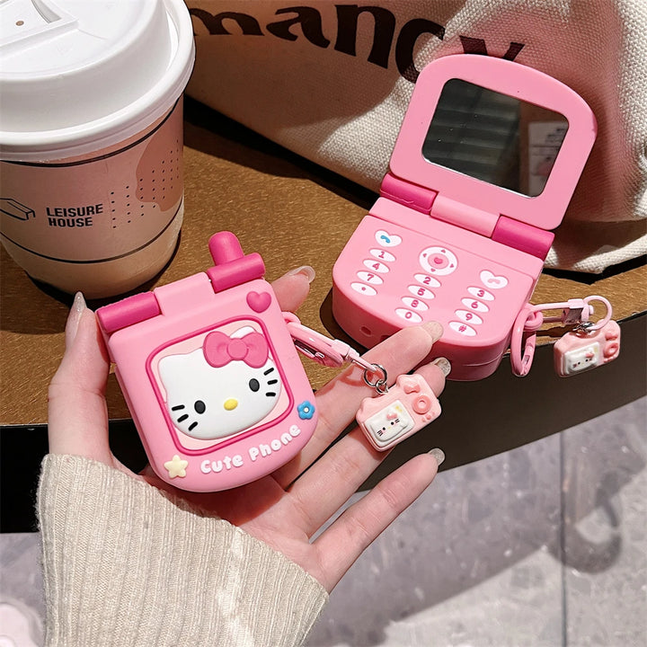 y2k-kawaii-fashion-3D Flip Phone Hello Kitty Airpod Case-Pinky Dollz