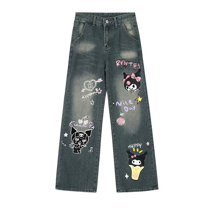 y2k-kawaii-fashion-Kuromi Wide Leg Denim Jeans-Pinky Dollz