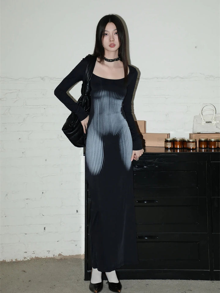 y2k-kawaii-fashion-Long Sleeve Silhouette Maxi Dress-Pinky Dollz