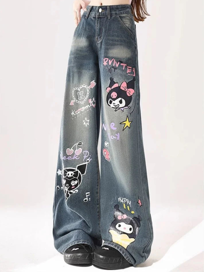 y2k-kawaii-fashion-Kuromi Wide Leg Denim Jeans-Pinky Dollz