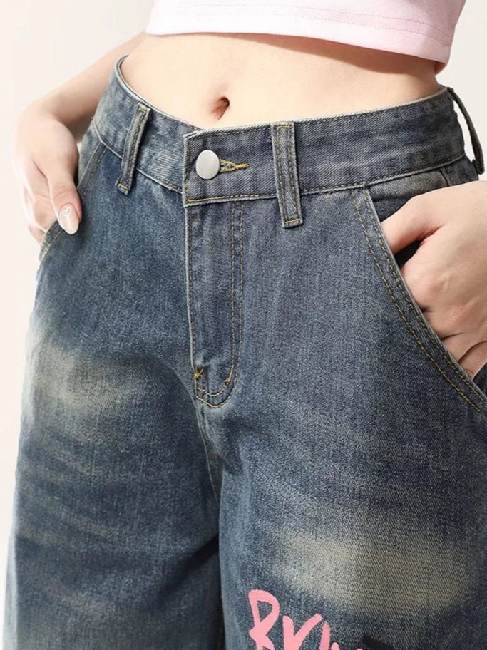 y2k-kawaii-fashion-Kuromi Wide Leg Denim Jeans-Pinky Dollz