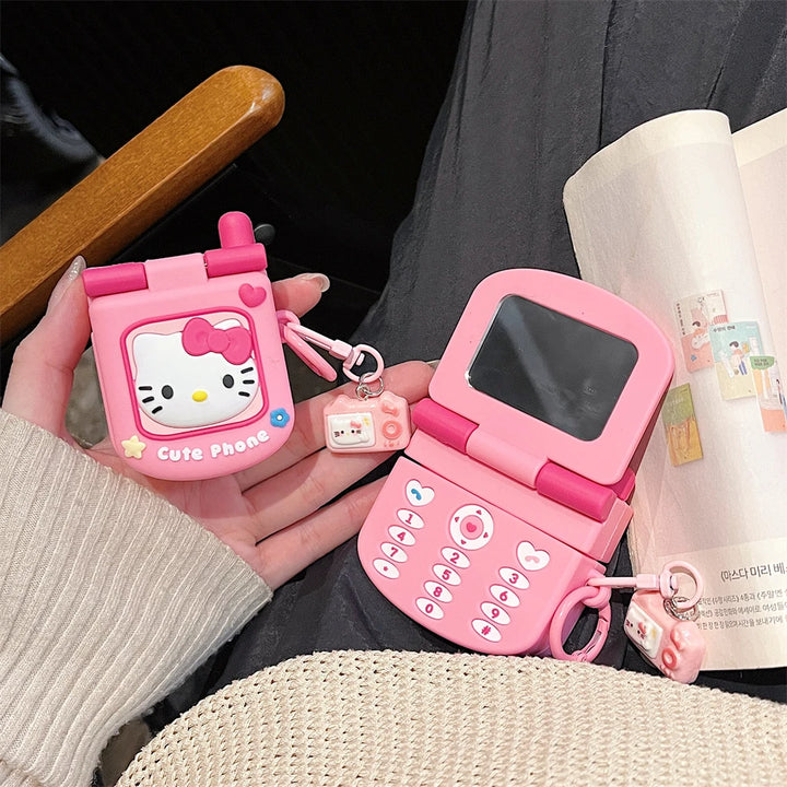 y2k-kawaii-fashion-3D Flip Phone Hello Kitty Airpod Case-Pinky Dollz