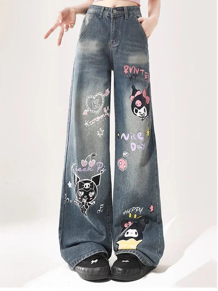 y2k-kawaii-fashion-Kuromi Wide Leg Denim Jeans-Pinky Dollz