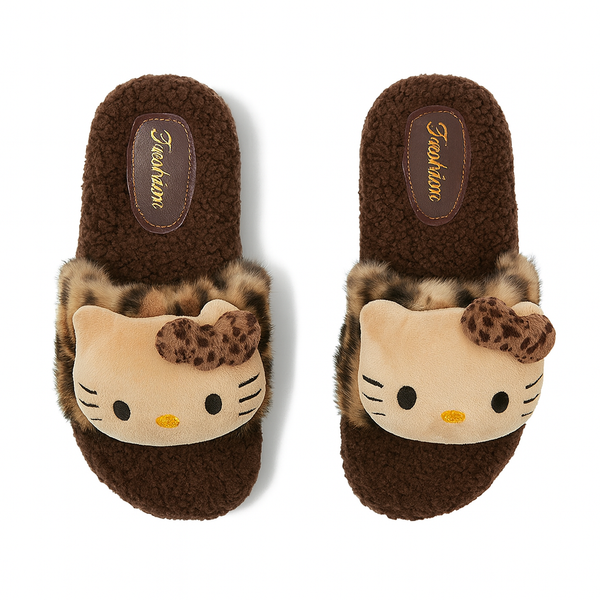 y2k-kawaii-fashion-Fuzzy Leopard Hello Kitty Slippers-Pinky Dollz