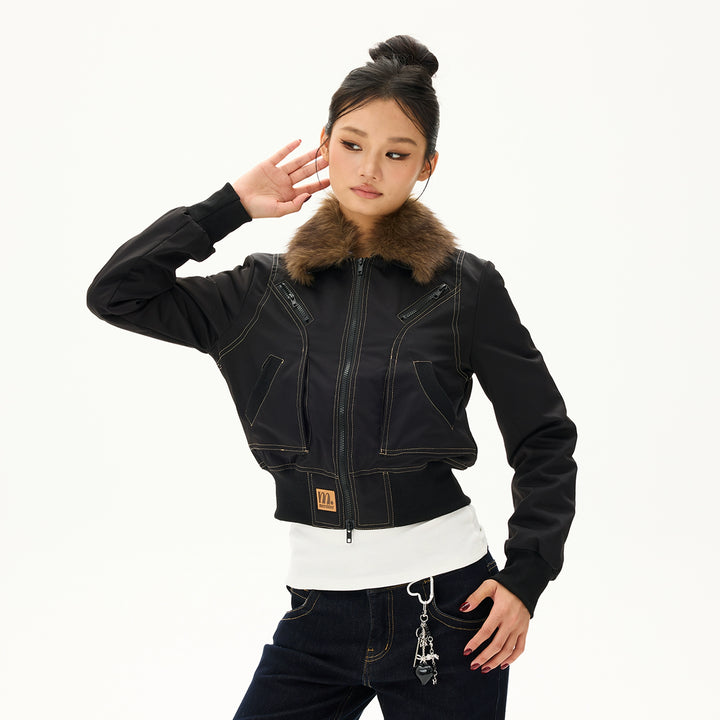 y2k-kawaii-fashion-Fur Collar Bomber Jacket-Pinky Dollz