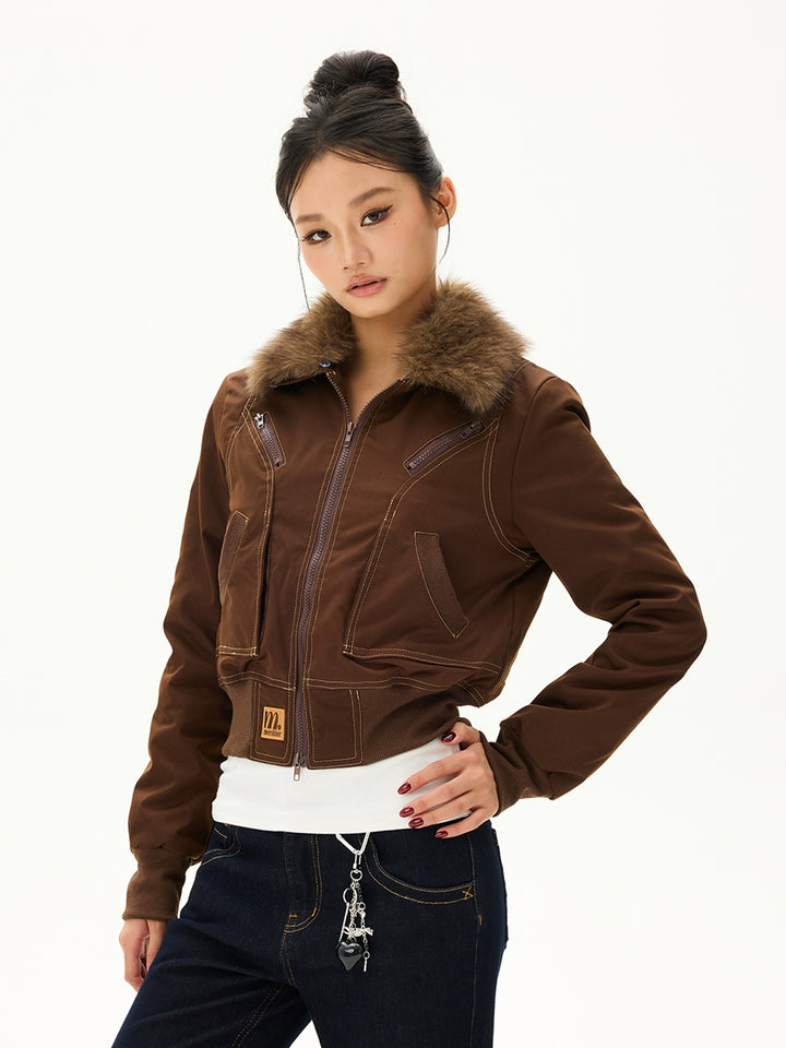 y2k-kawaii-fashion-Fur Collar Bomber Jacket-Pinky Dollz