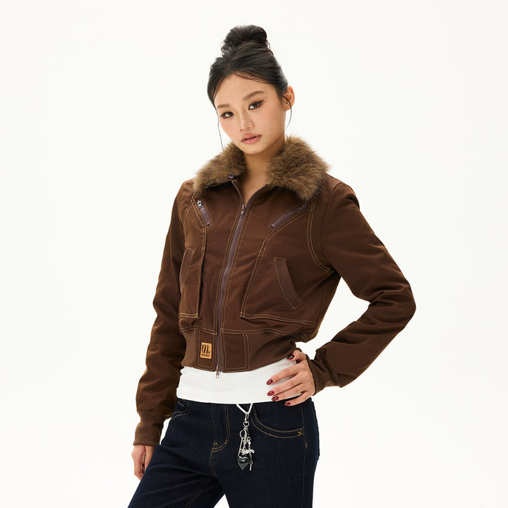 y2k-kawaii-fashion-Fur Collar Bomber Jacket-Pinky Dollz