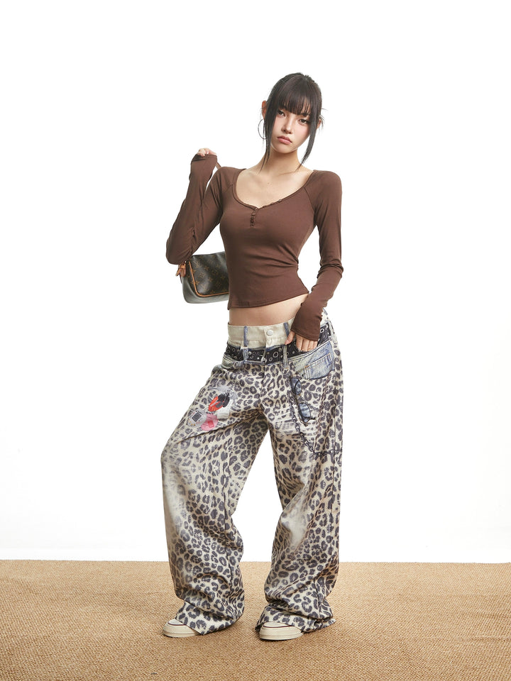 y2k-kawaii-fashion-Leopard Print Cargo Jeans-Pinky Dollz