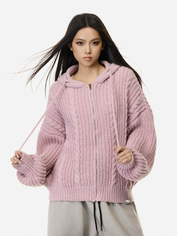 y2k-kawaii-fashion-Cable Knit Hooded Cardigan-Pinky Dollz