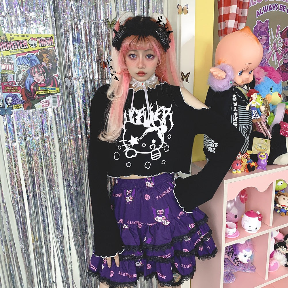 y2k-kawaii-fashion-Grunge Kitty Shoulder Cut Top--Pinky Dollz