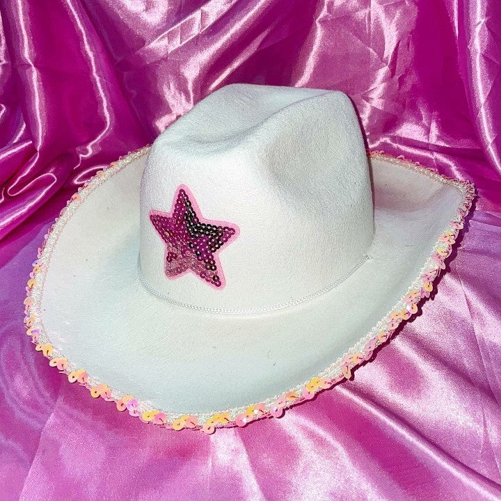 y2k-kawaii-fashion-Sequin Star Cow Girl Hat-White & Pink-Adjustable-Pinky Dollz