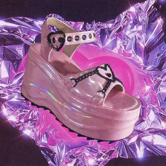 y2k-kawaii-fashion-Heart Chain Platform Shoe--Pinky Dollz