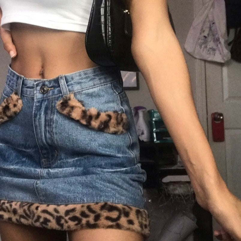 y2k-kawaii-fashion-Leopard Denim Skirt--Pinky Dollz