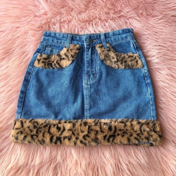 y2k-kawaii-fashion-Leopard Denim Skirt--Pinky Dollz