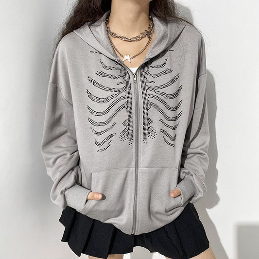 y2k-kawaii-fashion-Rhinestone Skeleton Zip Hoodie--Pinky Dollz
