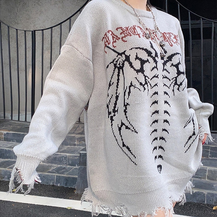 y2k-kawaii-fashion-Y2K Skeleton Oversized Knitted Pullover-Grey-M-Pinky Dollz