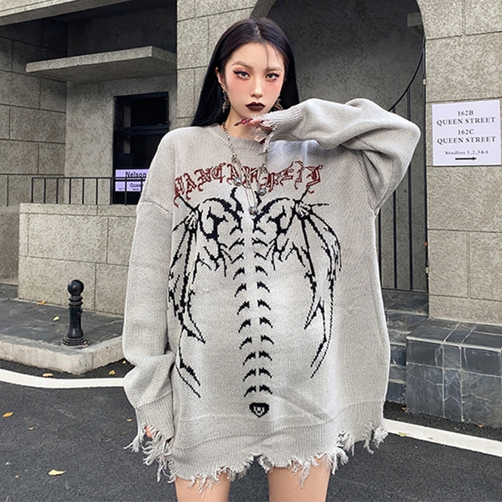 y2k-kawaii-fashion-Y2K Skeleton Oversized Knitted Pullover-Pinky Dollz