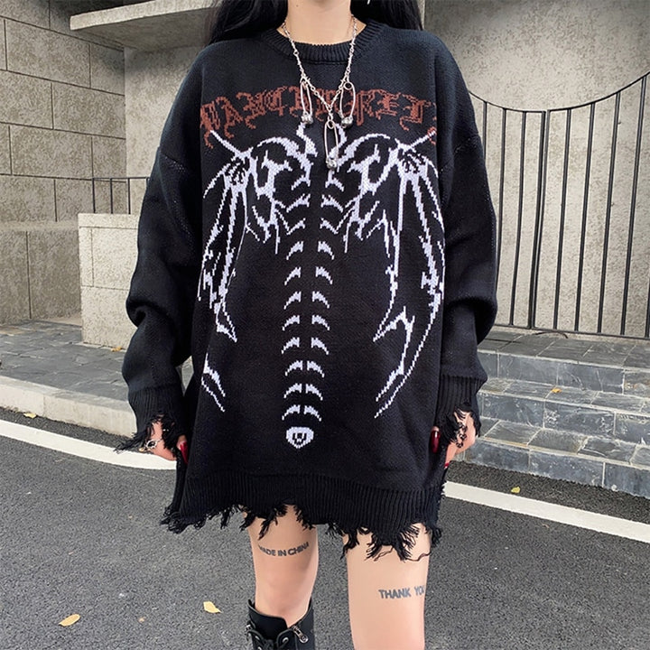 y2k-kawaii-fashion-Y2K Skeleton Oversized Knitted Pullover-Black-M-Pinky Dollz