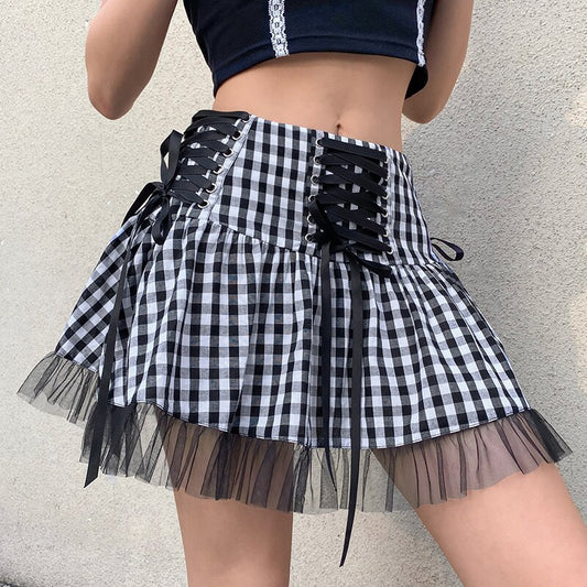 y2k-kawaii-fashion-Corset Layered Skirt-Plaid-S-Pinky Dollz