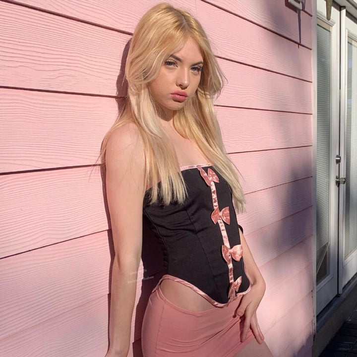 y2k-kawaii-fashion-Pink Bow Corset Top-Pinky Dollz