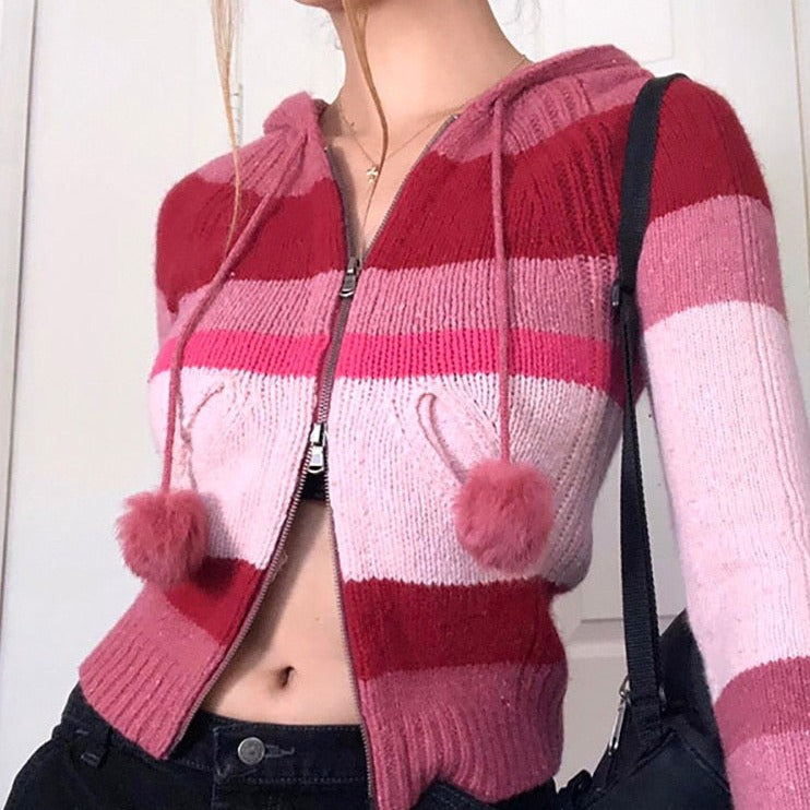y2k-kawaii-fashion-Pink Stripe Hooded Zip Up Knitted Cardigan-pink-S-Pinky Dollz