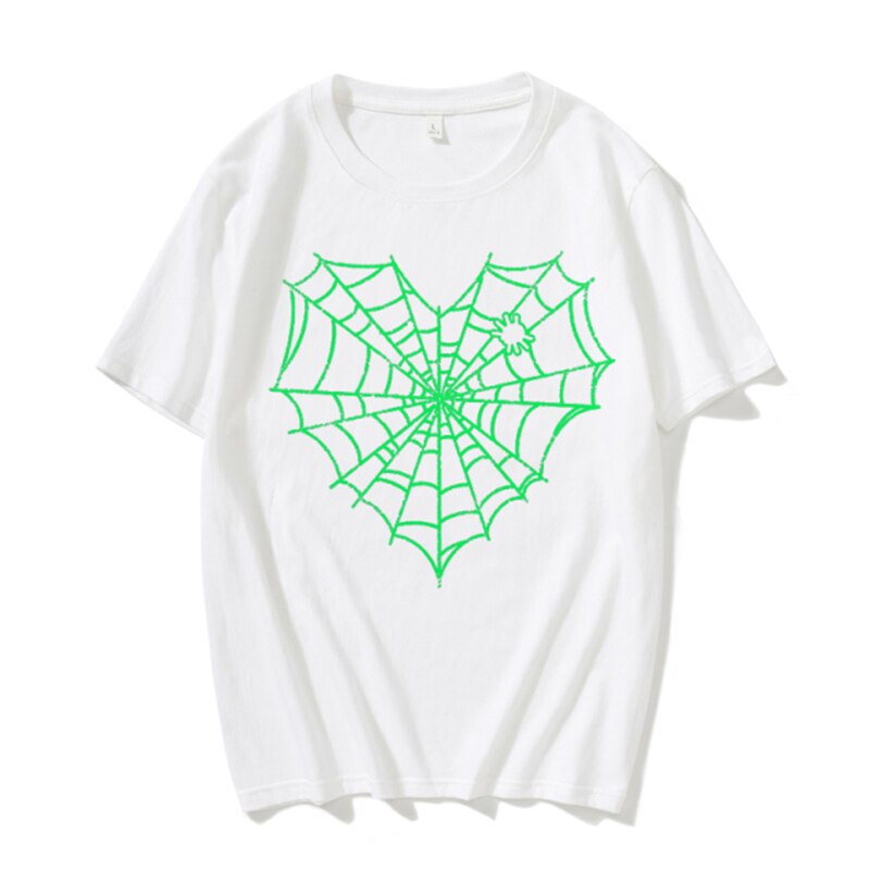 y2k-kawaii-fashion-Heart Web T Shirt-White Green-M-Pinky Dollz