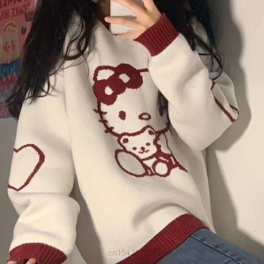y2k-kawaii-fashion-Hello Kitty Oversized Knit Pullover--Pinky Dollz